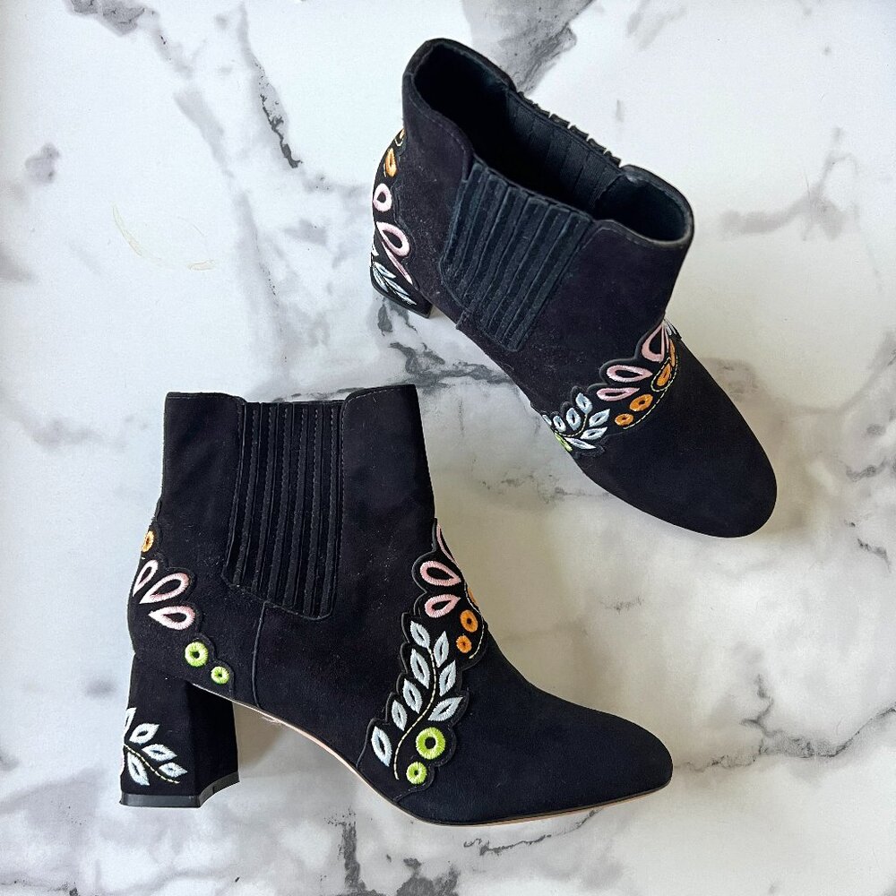 Sophia Webster Liliana Black Suede Embroidered Booties Size 38.5